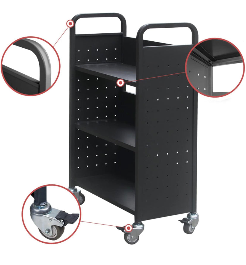 Rolling Library Book Cart Single Sided Flat Shelves with Lockable Wheels,200lbs Capacity (Black) Discount Bros, LLC.