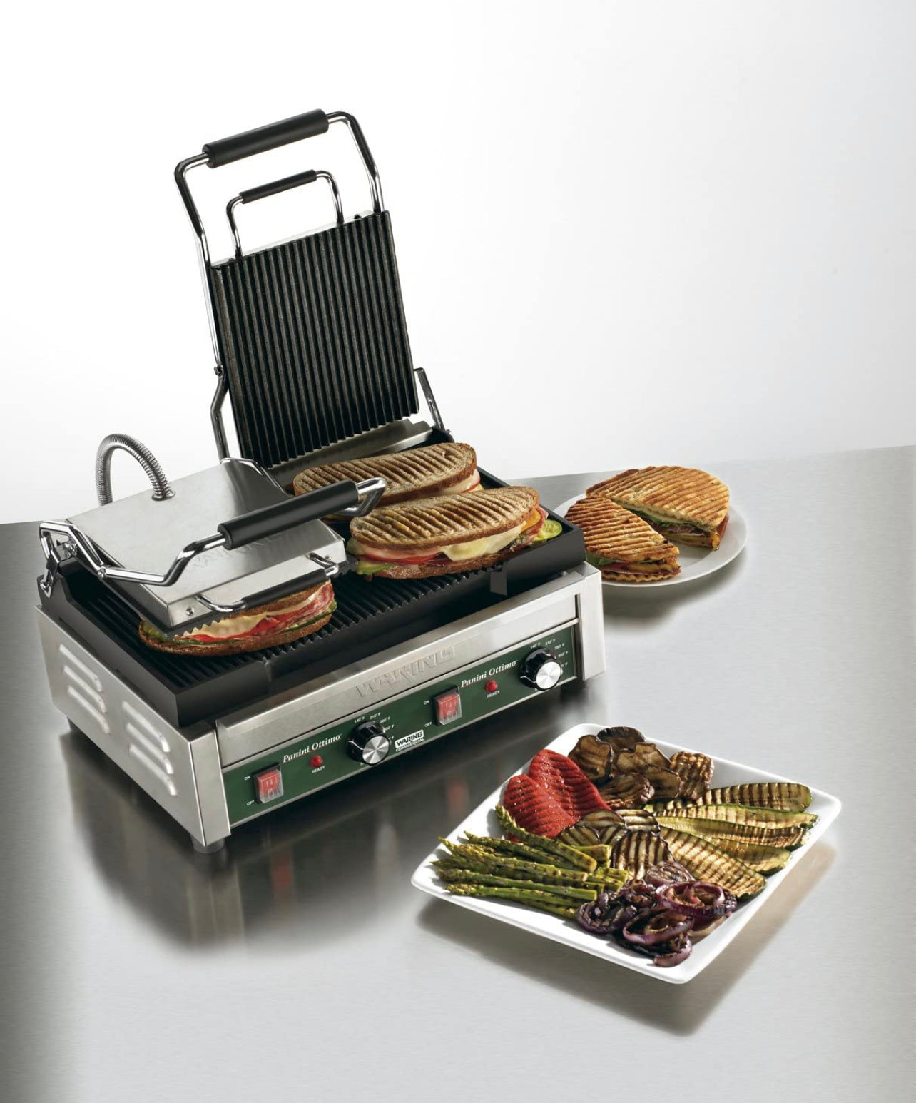 Waring Commercial WPG300 Panini Otimo Dual Ribbed Panini Grill, 240V, 3200W, 6-20 Phase Plug Discount Bros, LLC.