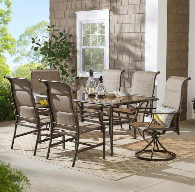 Hampton Bay Riverbrook Espresso Brown Padded Sling Swivel Steel Outdoor Patio Lounge Chairs (2-Pack) Discount Bros, LLC.