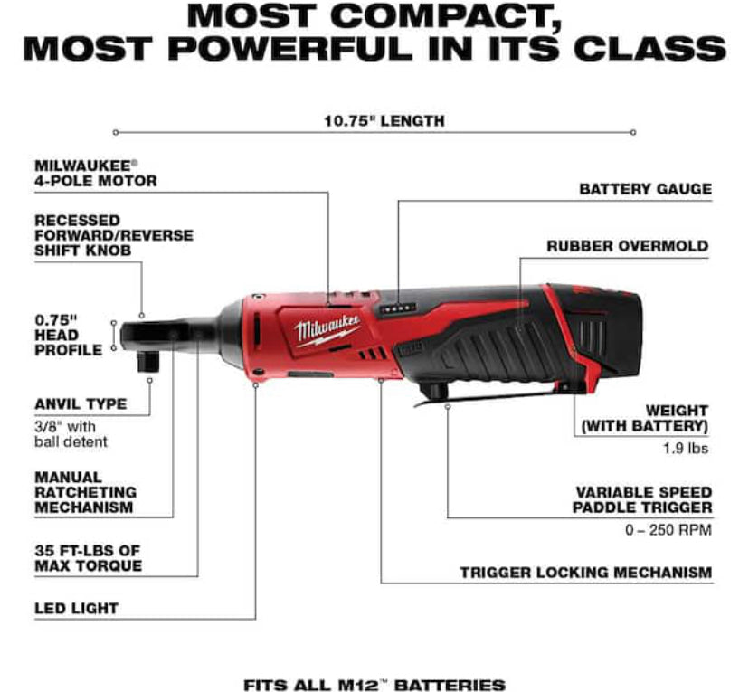 Milwaukee M12 12-Volt Lithium-Ion Cordless 3/8 in. Ratchet (Tool Only) Discount Bros, LLC.