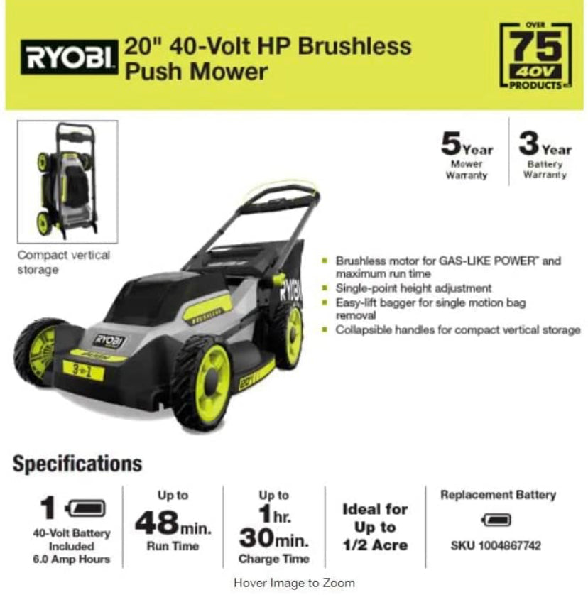 RYOBI 40V HP Brushless 20 in. Cordless Battery Walk Behind Push Mower with 6.0 Ah Battery and Charger (used) Discount Bros
