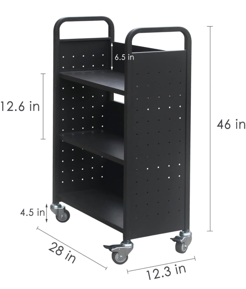 Rolling Library Book Cart Single Sided Flat Shelves with Lockable Wheels,200lbs Capacity (Black) Discount Bros, LLC.