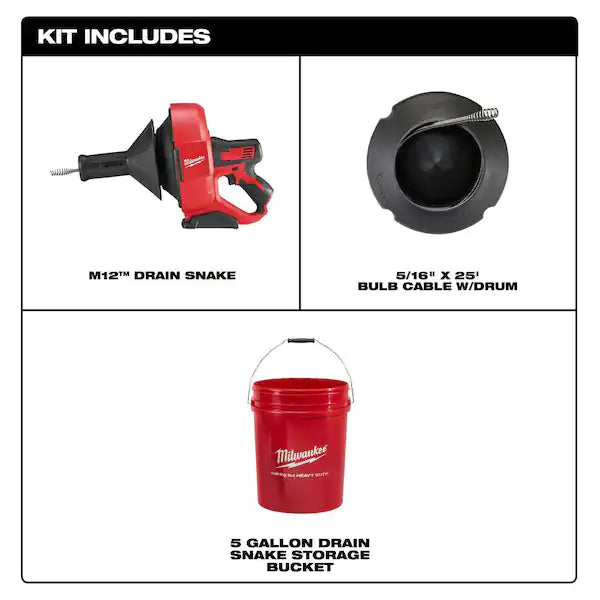 M12 12V Lithium-Ion Cordless Auger Snake Drain Cleaning Kit W/1/4 IN. X 25 FT. Inner Core Drop Head -$130
