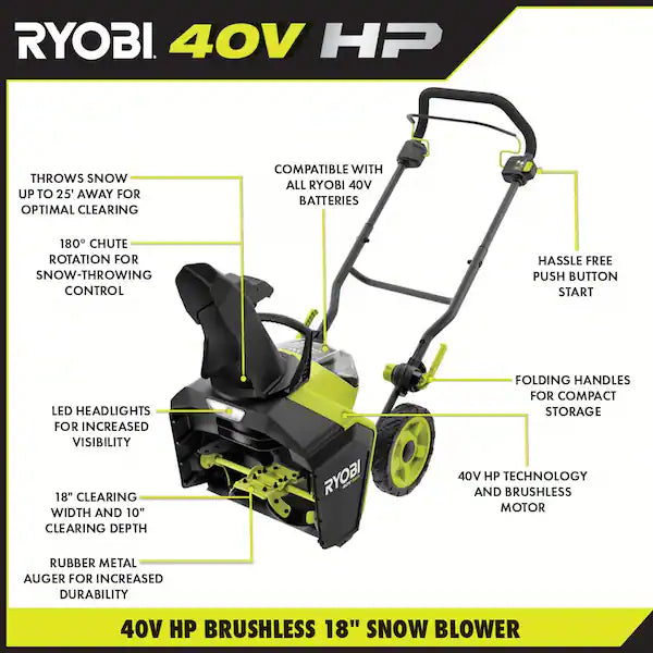 40V HP Brushless 18" Single-Stage Cordless Electric Snow Blower (*1-Battery Included) - $300