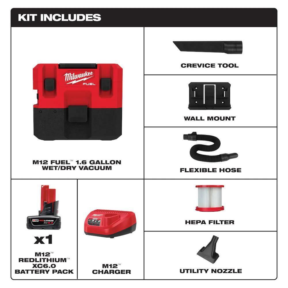MILWAUKEE M12 FUEL 12-Volt 1.6 Gal. Lithium-Ion Cordless Wet/Dry Vacuum Ki-$150